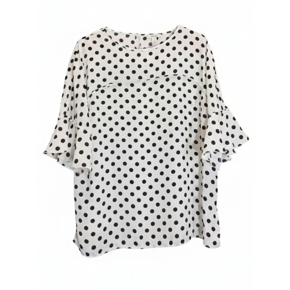 womens 1xl plus size blouse Bar III Polka Dot Ruffle Bell Sleeve White blue